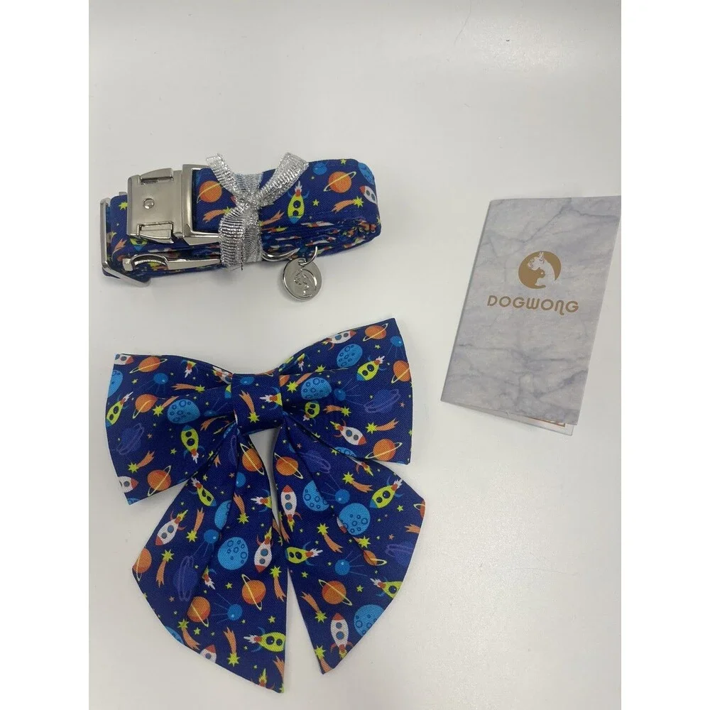 Dogwong Collar With Removeable Bow In Blue Space Adjustable Med/Lg Dog New